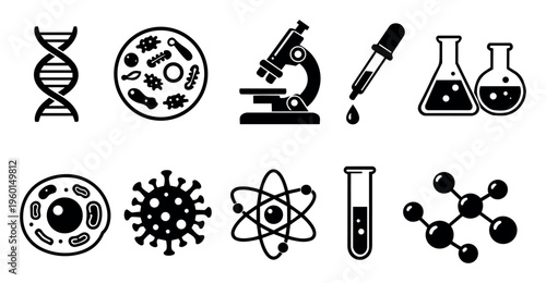 Scientific icons displaying microbiology, chemistry, and physics symbols including DNA, microscope, cells, atom, and lab glassware
