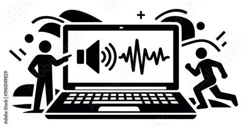 Analyzing audio on a laptop with a speaker icon and sound wave, one person pointing, another running away