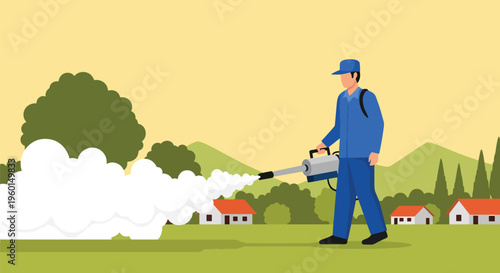 Mosquito control spraying pesticide to kill insects and prevent malaria transmission in rural village with houses and green landscape spraying fog.