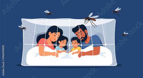 Family sleeping safely under mosquito net protected from disease carrying insects like malaria mosquitoes at night in dark room with bed.