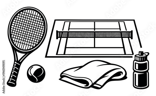 Tennis equipment set in black and white vector. Racket, ball, court, and accessories representing a healthy lifestyle