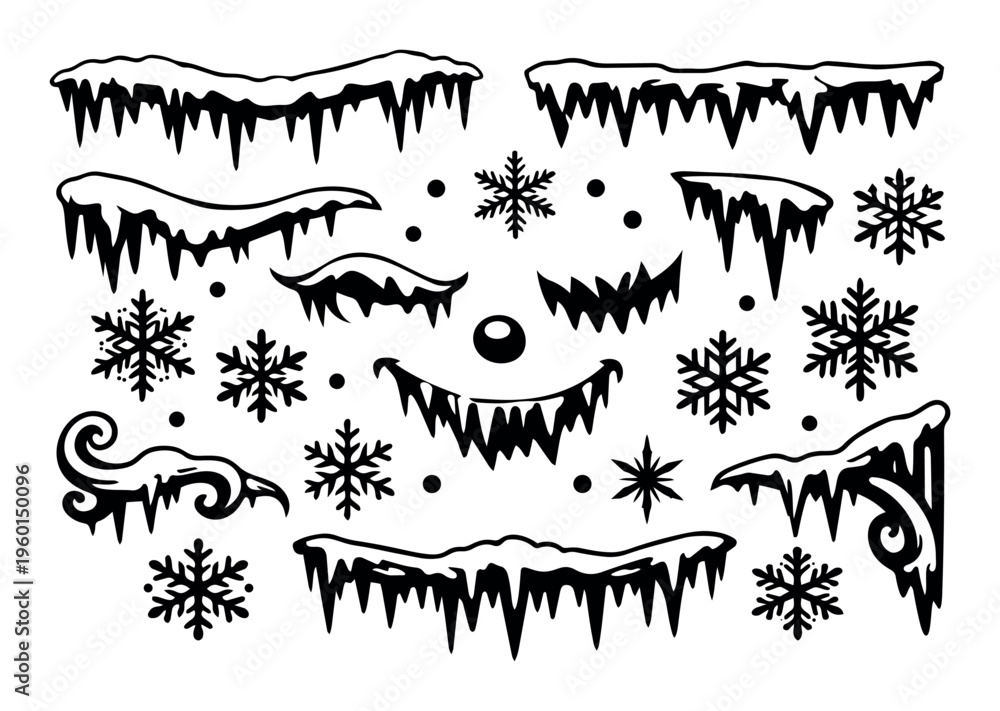 Fototapeta premium Collection of winter snow caps and icicles, creating seasonal borders with frozen details and falling snowflakes