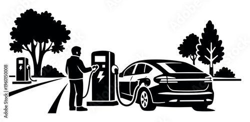 Person plugging charging cable into electric car, powering sustainable transportation with clean energy at outdoor EV charging station