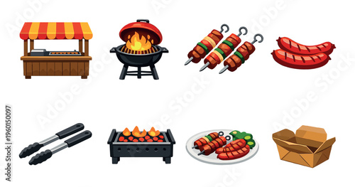 Barbecue equipment and grilled skewers displayed at food stall