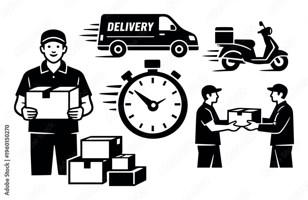 Fototapeta premium Delivery icons illustrating services, couriers, and transportation for fast shipping and timely logistics operations