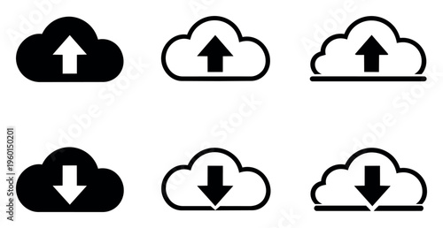 Cloud icons representing uploading and downloading data. Depicting concepts of online storage, network transfer, and backup solutions