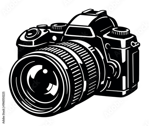 Digital SLR camera vector illustration in black and white, symbolizing photography, optics, and visual media concepts