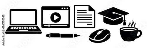 Conceptual set of digital and traditional elements representing remote learning, e-learning, and online courses