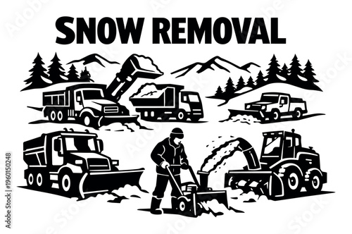 Snow removal service theme showing a collection of machinery and equipment clearing snow from streets and properties