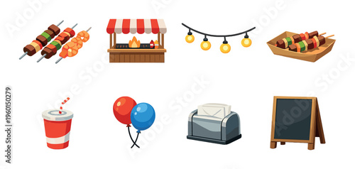 Food stall with skewers, string lights, balloons and signage