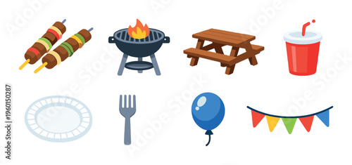 Skewers and grill near picnic table with balloons and flags