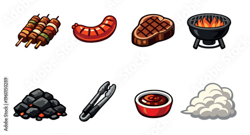 Skewers sausage and steak with grill and tools on dark background