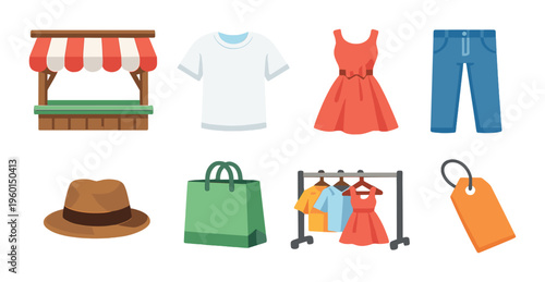 Clothing stall and apparel icons arranged on retail background