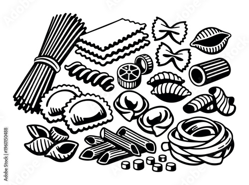 Assortment of classic Italian pasta types, such as spaghetti, lasagna, ravioli, farfalle, and penne