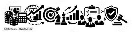 Collection of business strategy, finance, and legal icons depicting growth, planning, teamwork, and protection for success
