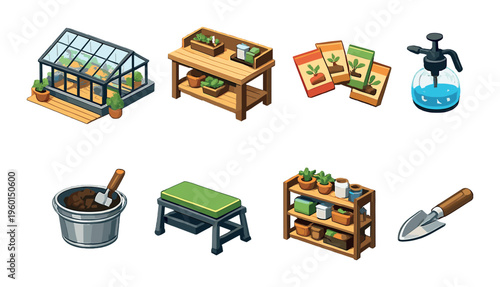 Gardening tools and supplies arranged on gradient background