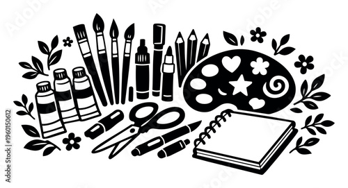 Art supplies including paint tubes, brushes, palette, pencils, markers, scissors, and a sketchbook for creative work