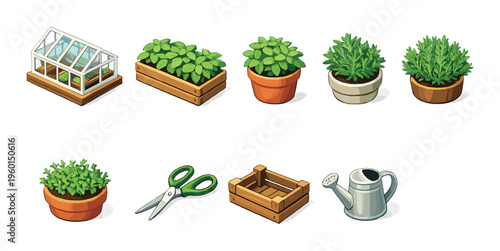 Assorted potted herbs and garden tools on neutral background