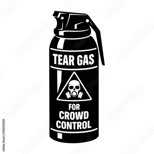 Tear gas canister vector illustration for crowd management, featuring a skull and gas mask warning, symbolizing public safety and conflict