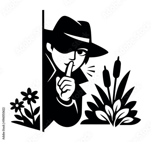 Clandestine spy or detective figure gesturing for silence, representing secrecy, private details, and sleuthing