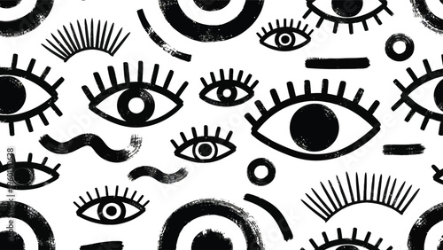 A collection of whimsical hand drawn eyes and eyelashes on a white background
