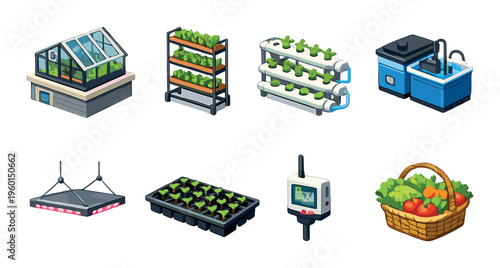 Greenhouse and hydroponic systems arranged on gray backdrop