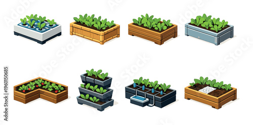Assorted planter boxes with seedlings and irrigation elements