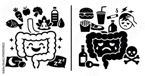 Colon organ representing gut health, showing benefits of good nutrition, sleep, and exercise versus problems from junk food, alcohol, and stress