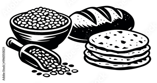 Cereals and baked goods composition featuring basic food staples, symbolizing nutrition, agriculture, and staple food production