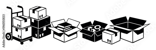 Moving boxes on a hand truck next to open and closed parcels, illustrating concepts of logistics, relocation, cargo, delivery, and storage