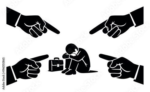 Sad businessman icon sitting on floor, head in knees, surrounded by four pointing hands, symbolizing blame, abuse, and harassment