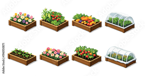 Wooden planters with flowers and vegetables on plain background