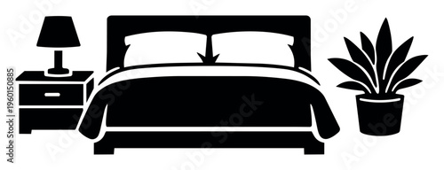 Bedroom furniture icon showing a bed with pillows and duvet, nightstand with lamp, and an indoor plant