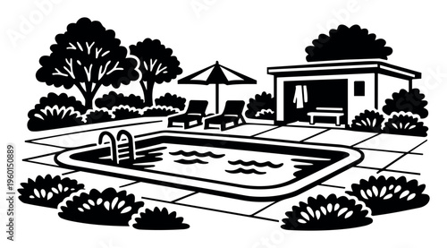 Backyard swimming pool with stairs, surrounded by a patio, lounge chairs, and an umbrella, featuring a small pool house