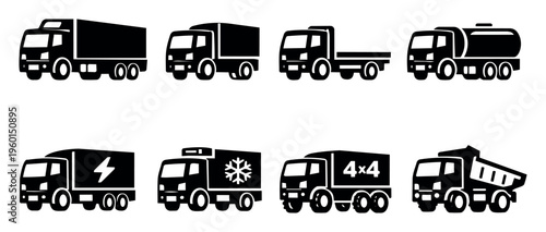 Set of assorted black and white truck icons representing common modes of delivery, freight, and cargo transportation