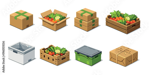 Boxes and crates holding fresh vegetables on neutral backdrop