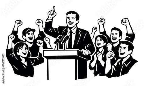 Politician delivering a dynamic speech to an enthusiastic crowd, demonstrating leadership, success, and community support in a strong graphic style