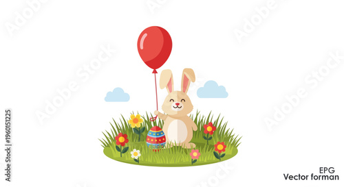 Cute Easter Bunny Holding Red Balloon and Decorated Egg on Green Grass with Flowers