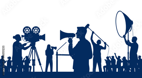 Filmmaking Crew Silhouette with Camera, Megaphone, and Lighting