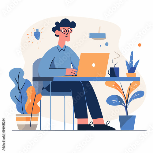 Man Working on Laptop at Desk Illustration for Remote Work Banner
