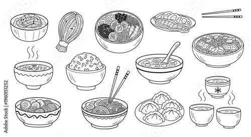 Hand-drawn Asian Food Collection: Noodles, Rice, Soup, Dumplings, Tea