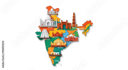 India Map with Famous Landmarks and Monuments - Travel and Tourism Illustration