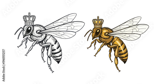 Majestic Queen Bee with Crown, Detailed Illustration and Realistic Rendering