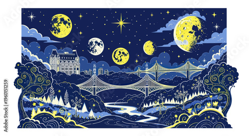 Magical night cityscape with moons and bridge, starry sky, mystical landscape, vibrant blue and yellow