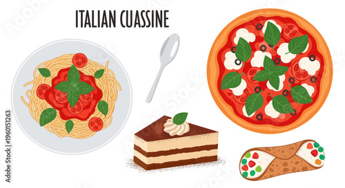 Italian Cuisine Assortment: Pizza, Pasta, Cannoli, Tiramisu, Spoon