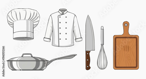 Set of chef's tools: culinary, professional cooking equipment, and utensils. Including hat, jacket, knife, whisk, cutting board, and pan