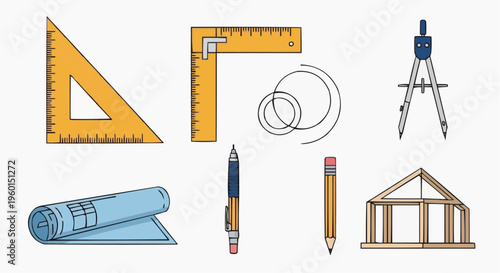 A collection of architectural and design tools, representing the essential elements of creating structures and concepts. This image captures the essence of construction and drafting