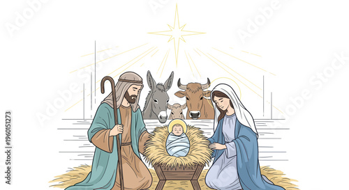 Nativity Scene: Mary, Joseph, Baby Jesus in manger with star and animals