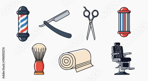 Collection of barbershop equipment icons. Each icon represents a different tool used in the trade
