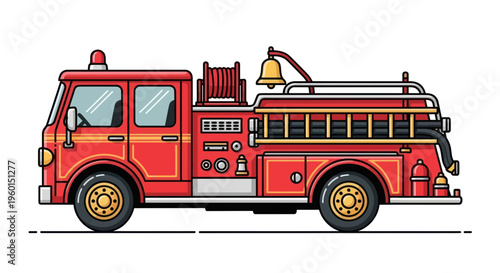 Red Fire Truck Vehicle with Ladder and Bell - Isolated on White Background